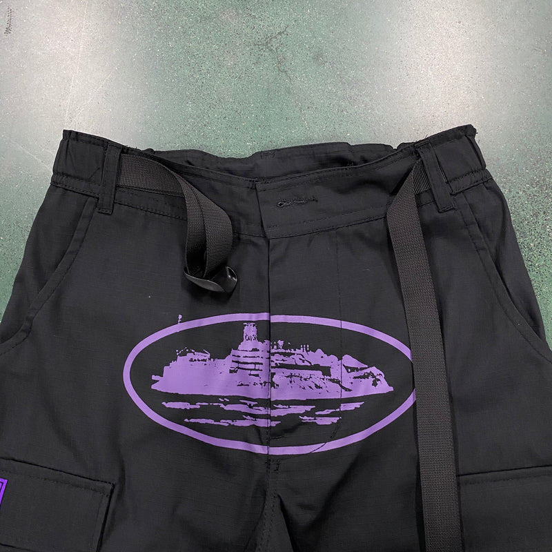 Calça Corteiz Black Purple Logo Cargo